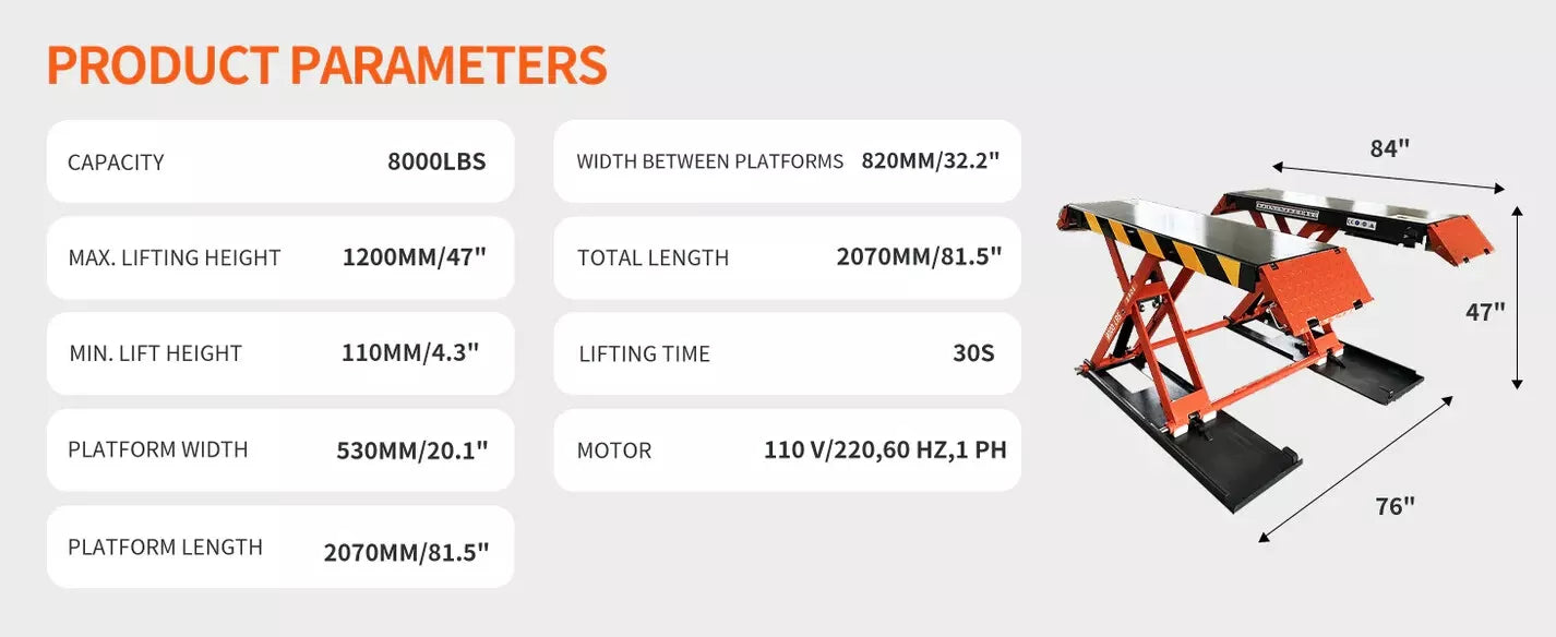 KATOOL KT-X90 Mid Rise Scissor Lift 8000lbs Electric Release 47.2in 110V/1PH