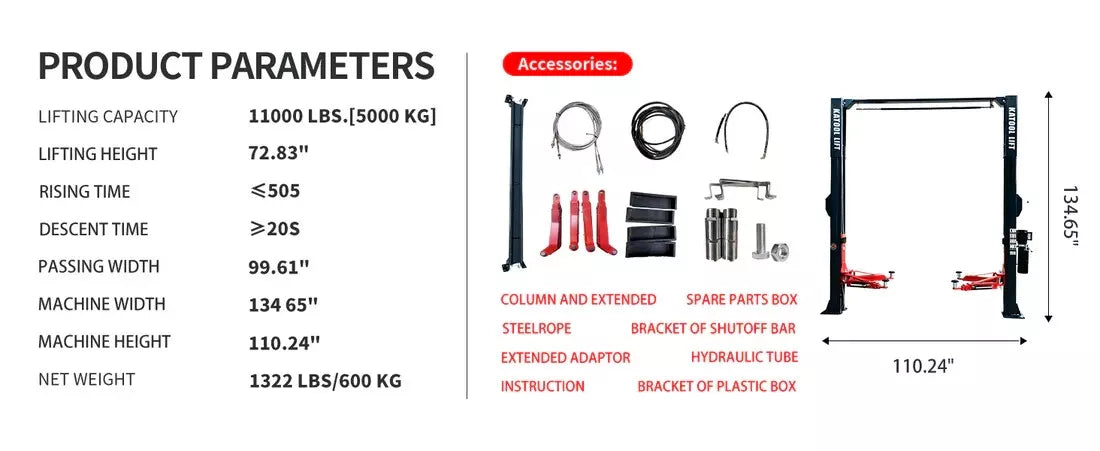 KATOOL KT-AS110D 11,000lb 2-Post Asymmetrical Clearfloor Lift Single Release